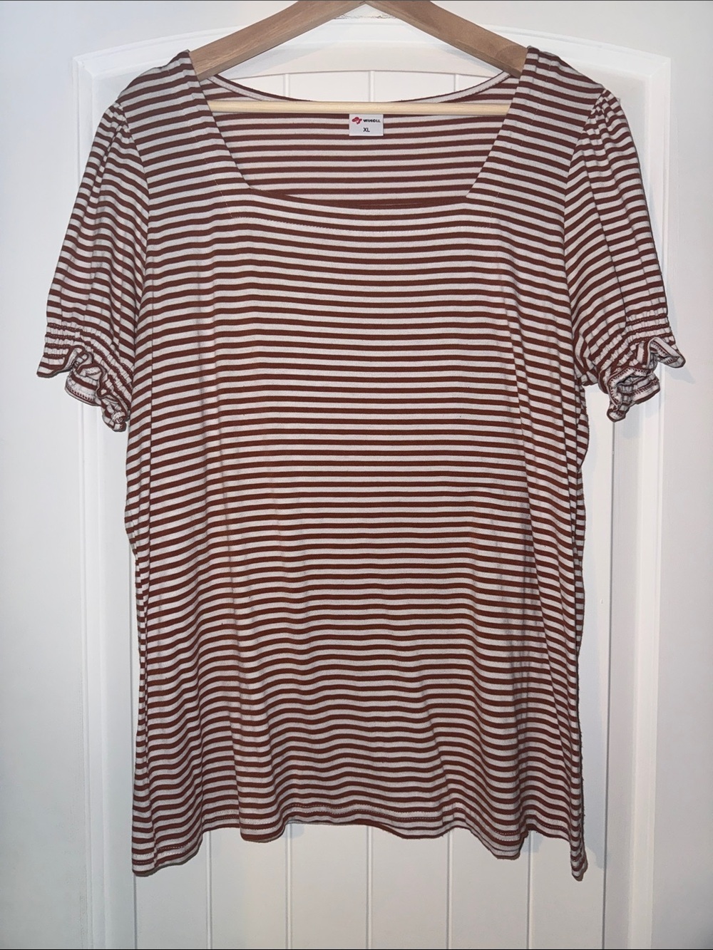 Brown & White Striped Square Neck Short Sleeve Tee